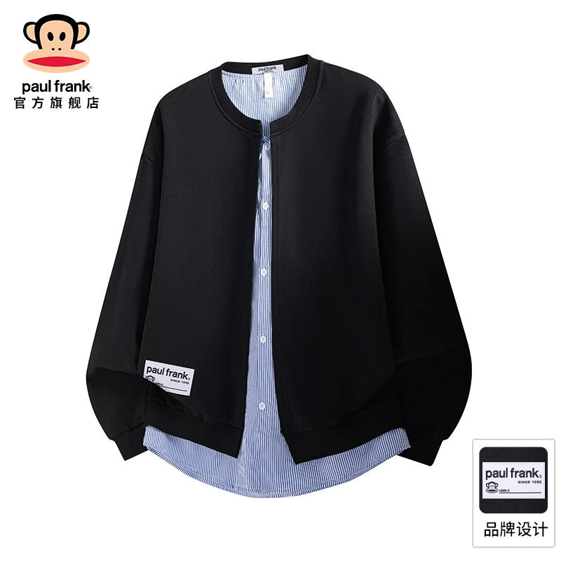 PaulFrank/大嘴猴假两件条纹衬衫卫衣2025秋季潮牌高级感黑色上衣