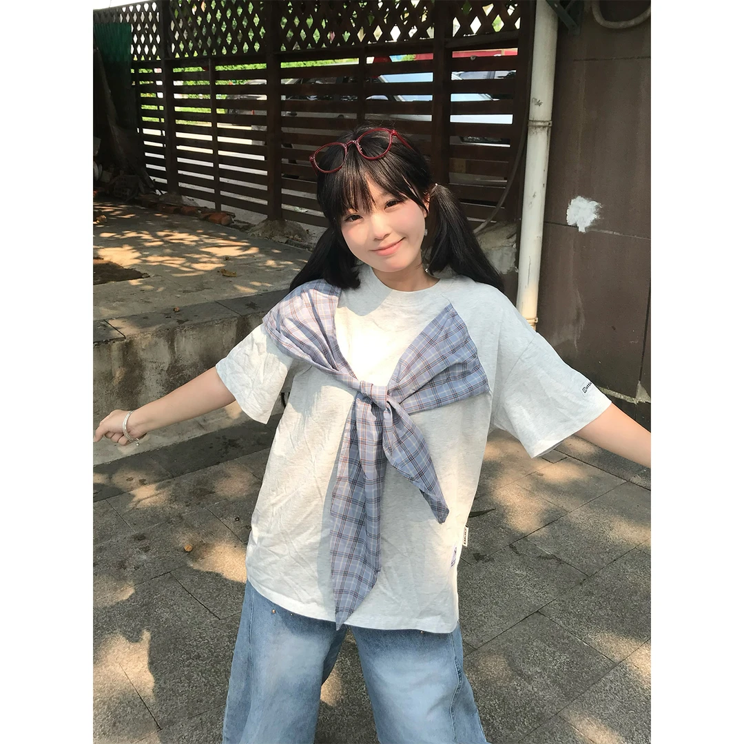 文文不乖 美式复古蝴蝶结格子绑带短袖T恤女夏季宽松显瘦半袖体恤