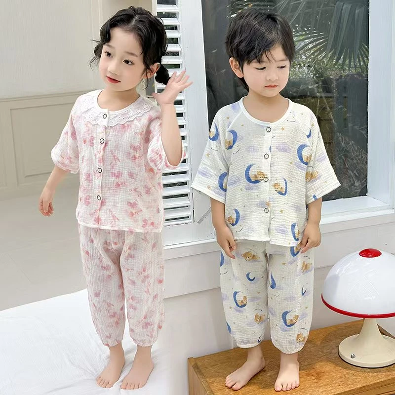 乖布童高档儿童睡衣男童女童宝宝纯棉双层纱布家居服空调服套装