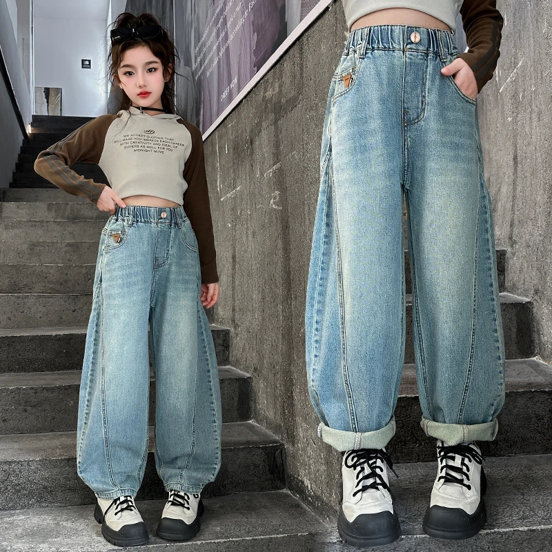 【春款】女童弯刀牛仔裤2025春季新款休闲宽松拖地裤中大童洋气长裤
