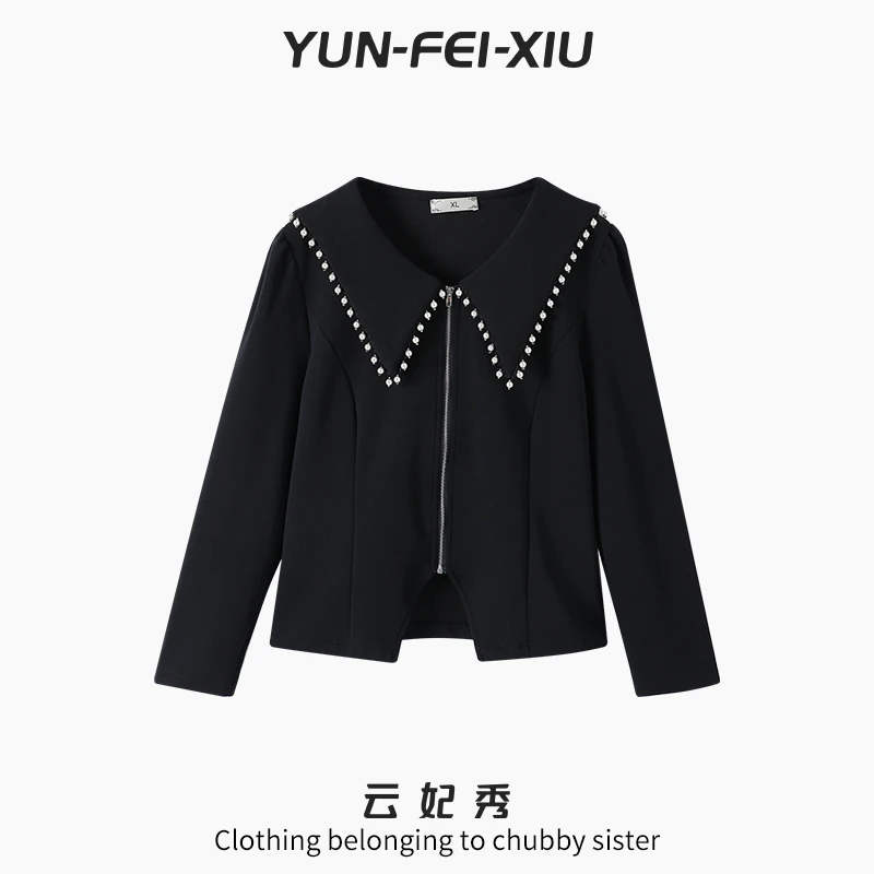 云妃秀大码女装T恤简约拼接时尚气质微胖休闲显瘦开衫上衣冬68300