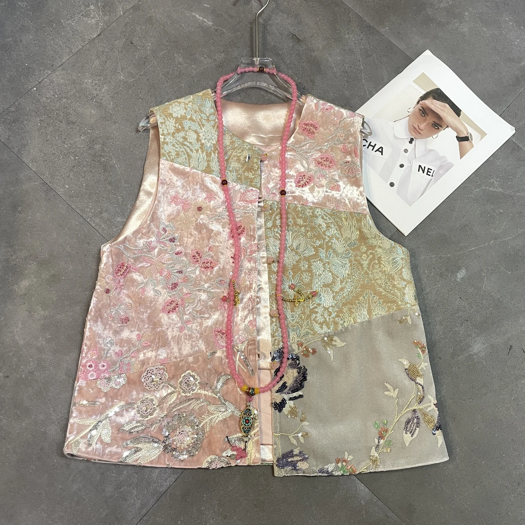 【拼接】新中式国风重工刺绣马甲女时尚复古盘扣立领坎肩上衣1033