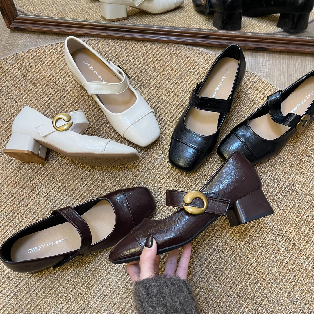 法式气质中跟浅口软皮单鞋女秋2025韩版新款显脚小方头粗跟玛丽珍