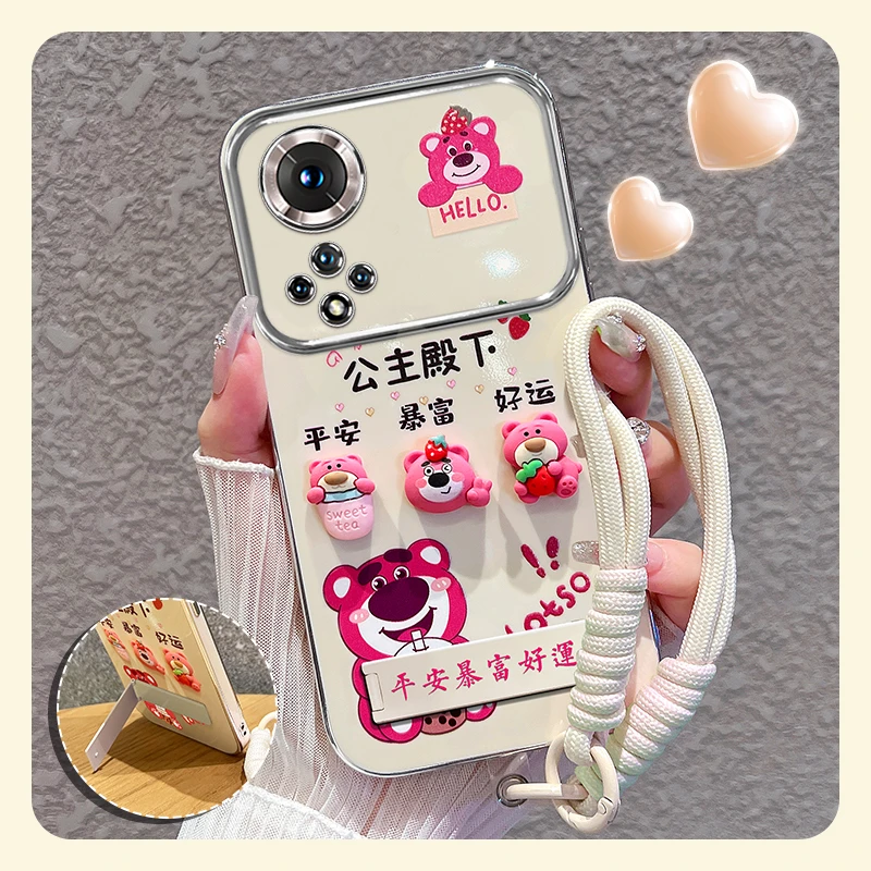 适用【华为hi nova9/pro】手机壳粉色草莓熊大视窗折叠支架硅胶女款