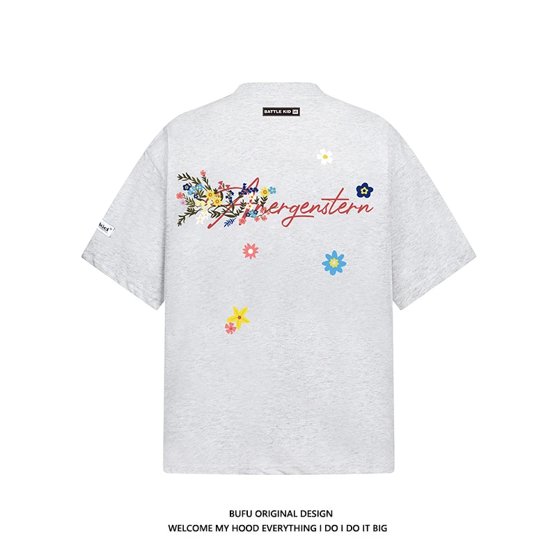 亿万少年BUFU国潮牌高街手写花卉刺绣短袖T恤男女凉感防晒情侣tee