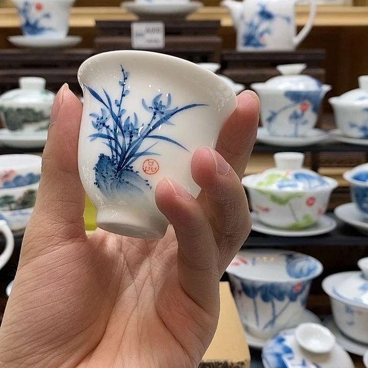 墨***间手绘兰花主人杯75cc釉下彩微瑕福利款