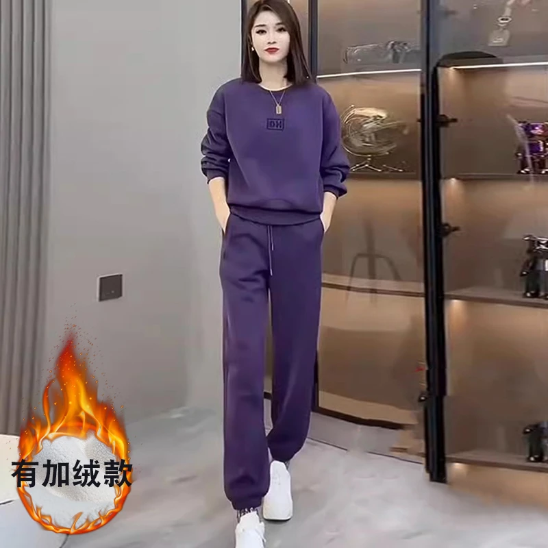 欧货炸街休闲运动套装女秋冬新款时尚洋气紫色加绒卫衣卫裤两件套