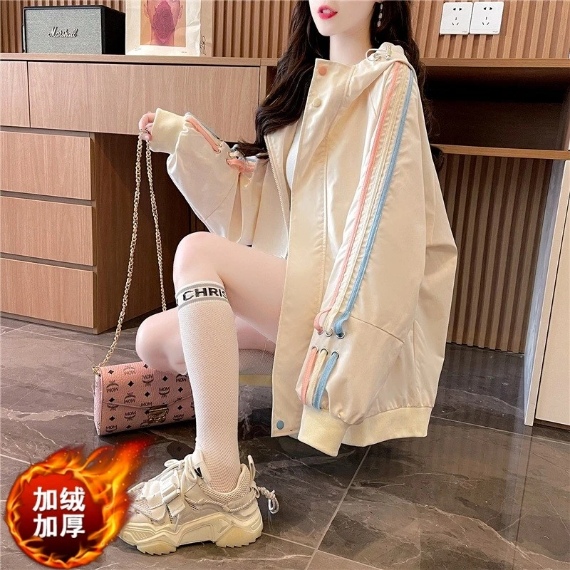 加绒加厚风衣外套女2025新款爆款秋冬季小个子初高中学生开衫上衣