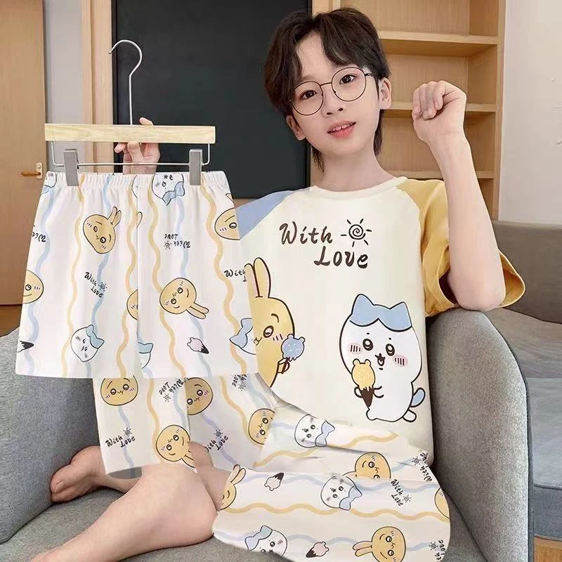 儿童睡衣男童夏季薄2025新款哪吒短袖长裤男孩三件套中大童休闲装