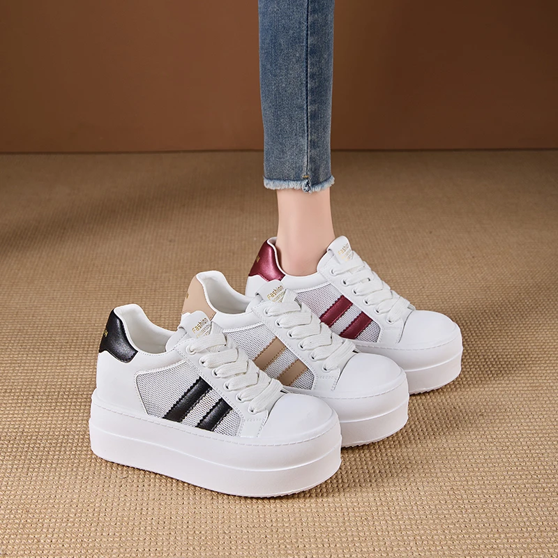 【9公分】软底小白鞋女2025春季新款撞色透气网面休闲鞋运动板鞋