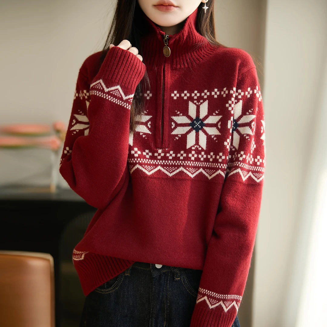 高端胖mm秋冬大码半高领本命年红色女士毛衣费尔岛内搭针织打底衫