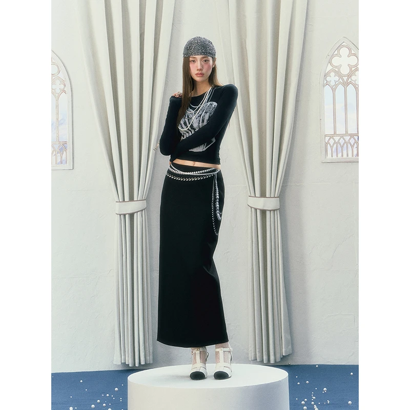 【半裙专属】珍珠印花修身T恤+珍珠印花长裙显瘦