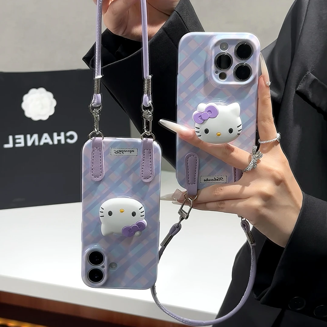 雅天立格纹紫kt支架挂绳适用苹果17手机壳华为P70vivoppo小米15套