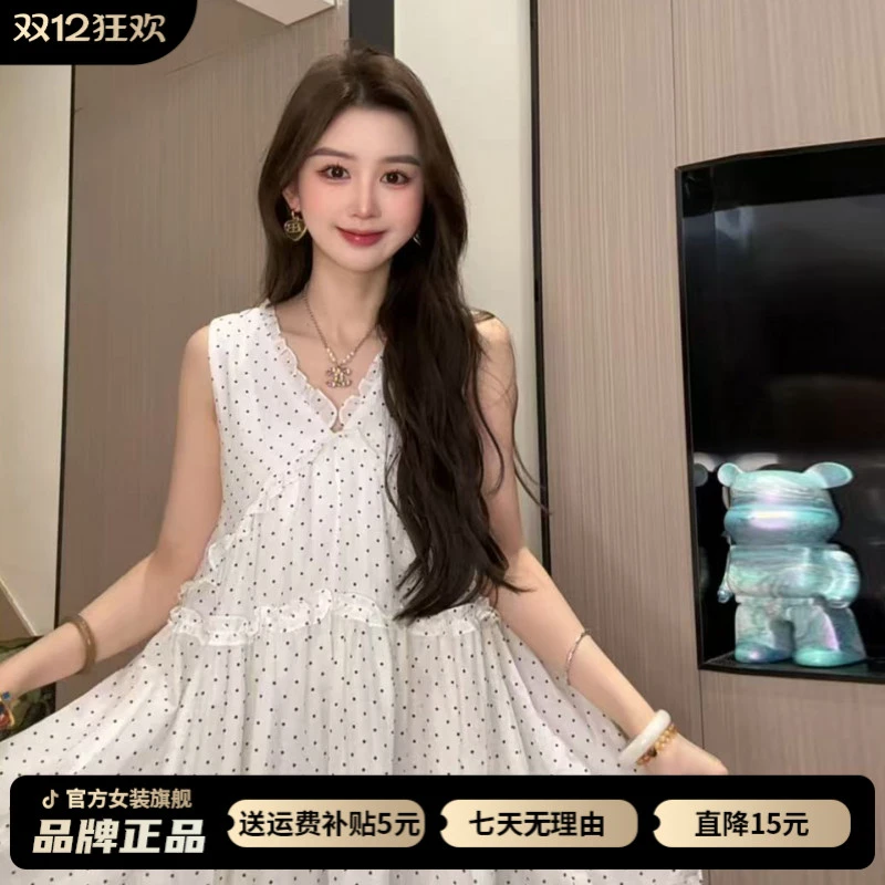 无袖波点连衣裙子女夏季新款小个子海边度假风绝美巨好看小众短裙
