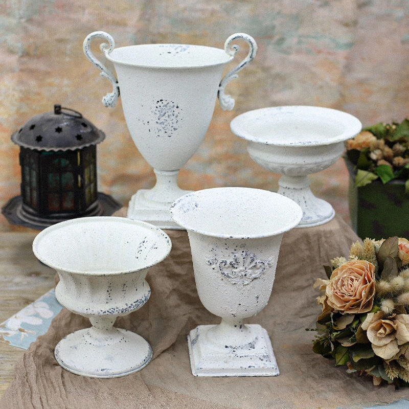 白色复古做旧剥落花器花瓶金属铁艺花瓮婚礼宴会餐厅摆件装饰