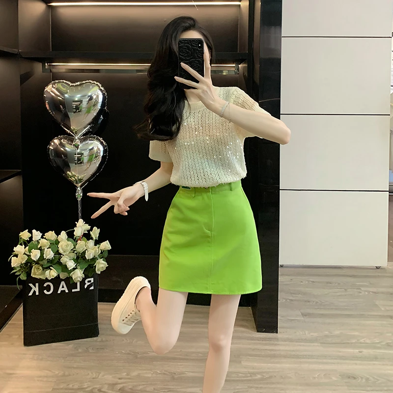 新款休闲减龄针织套装女夏季短袖聚酯纤维棉粘胶高腰搭两件绿色短