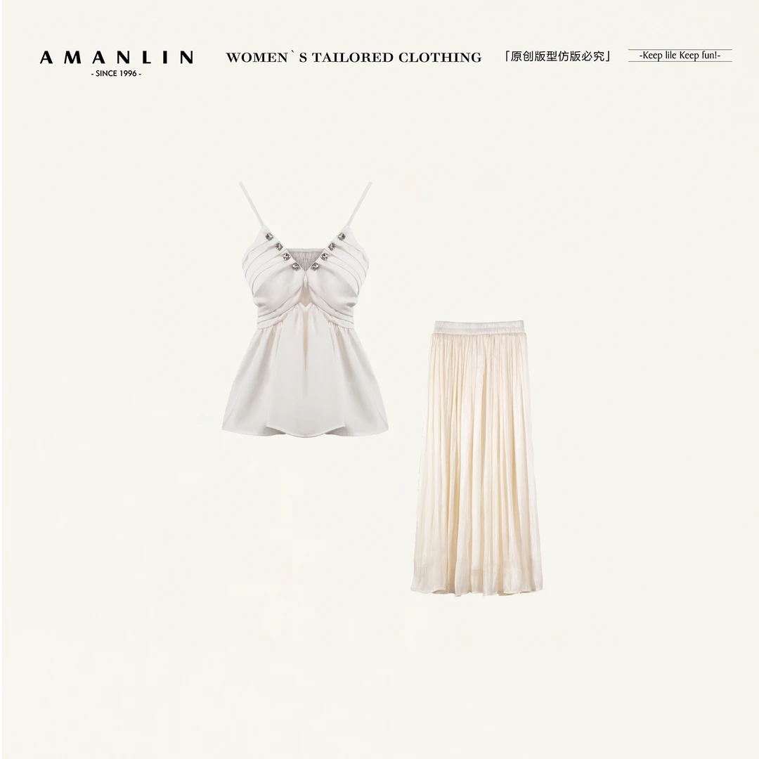 AMANLIN/阿谩琳欧若风吊带女夏镶钻褶皱收腰纯欲上衣套装D598285