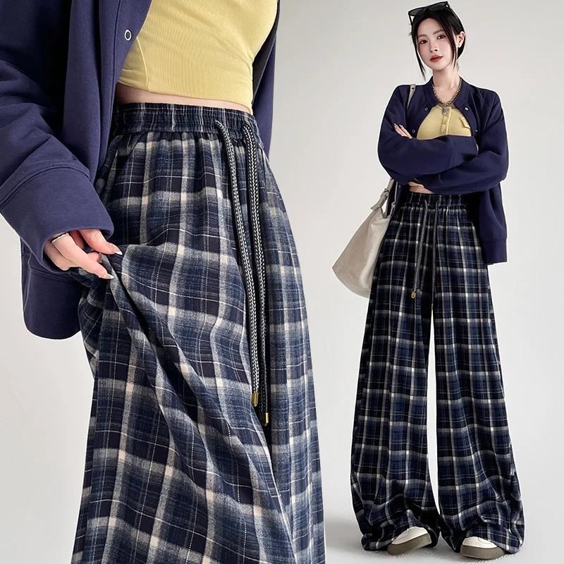 宽松格子秋季阔腿裤弯刀女装阔腿裤女款慵懒风裤子秋冬款女百搭