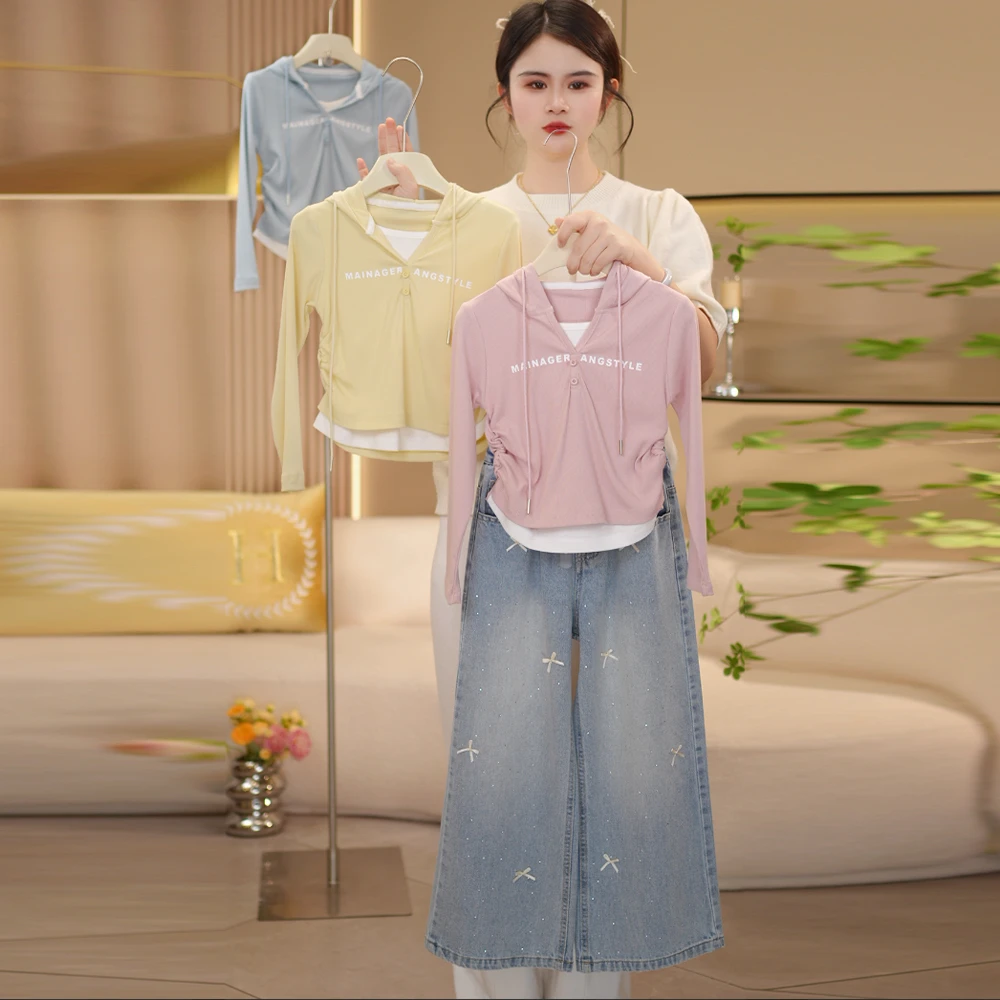 【闺蜜家】女童2025春季新款时尚假两件上衣+阔腿牛仔裤套装-8043