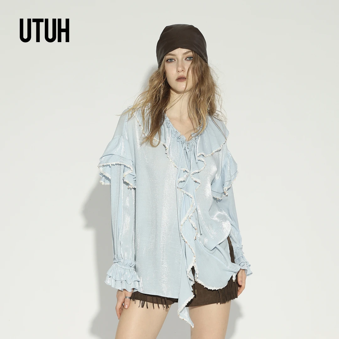 UTUH浅蓝色V领多层荷叶边廓形上衣宽松落肩25秋冬新款 TLWWA1N281
