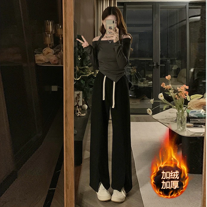 加绒加厚大码秋冬季显瘦开叉休闲裤胖mm遮肚直筒保暖糯米卫裤9788