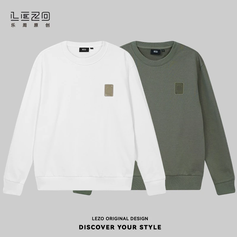LEZO乐周原创 秋季圆领卫衣男上衣百搭落肩版 924313318白色灰绿