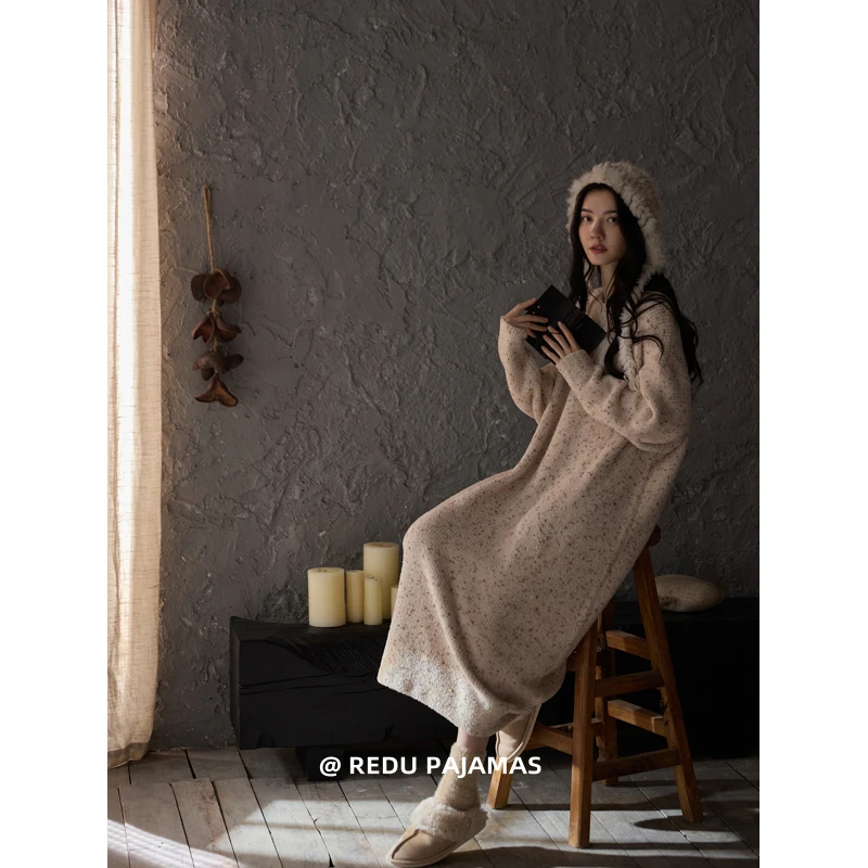 热妒半边绒睡裙女秋冬季保暖加厚圆领长裙高级感睡衣新款家居服