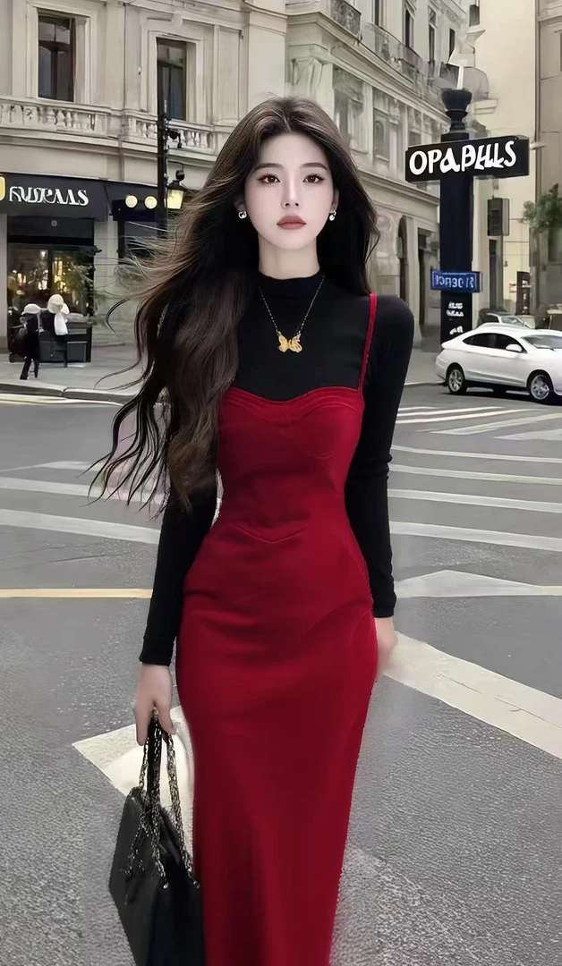 轻奢时尚高端大气黑色圆领长袖修身上衣+酒红色吊带收腰包臀裙子