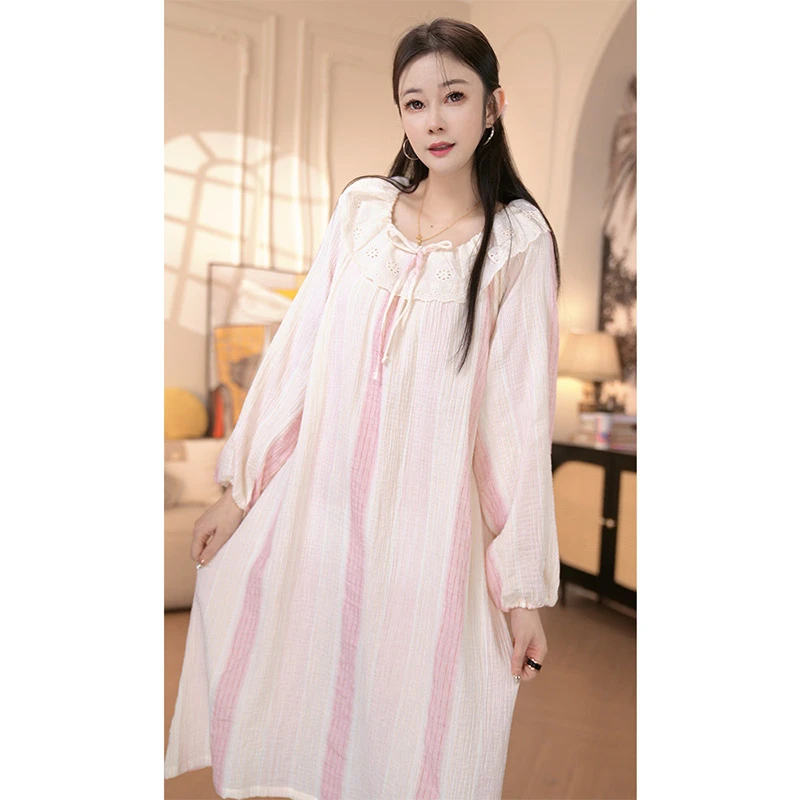 2025新款纯棉粉条印花睡裙女薄款纱布长裙圆领甜美公主风家居服