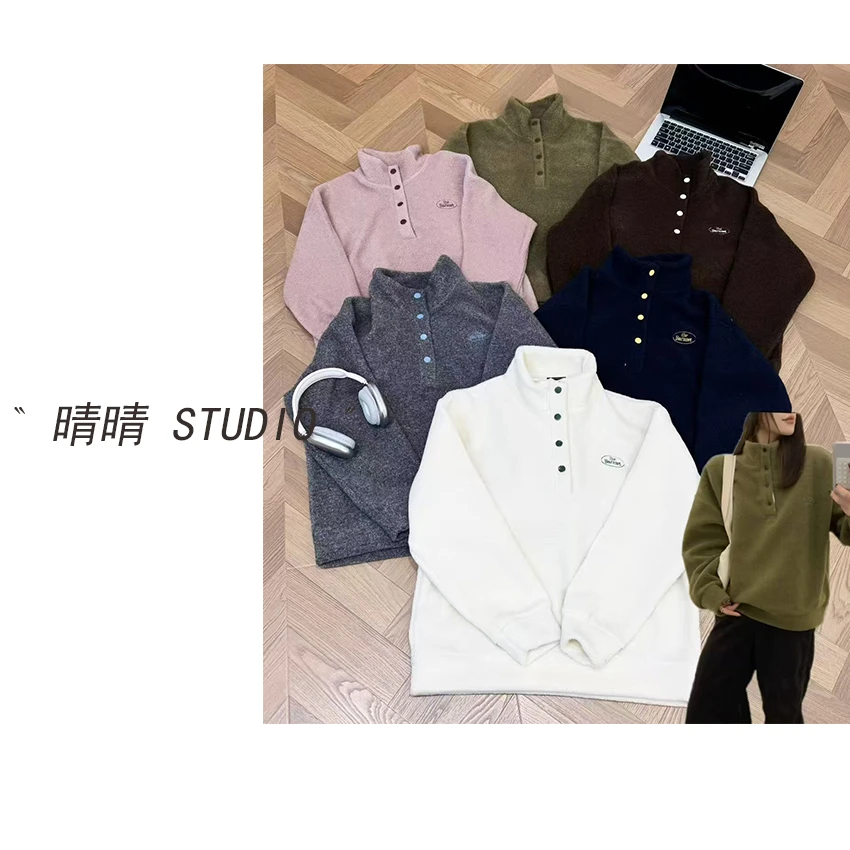 晴晴家-「时髦灵感」25年冬韩系简约百搭休闲半开领刺绣卫衣1333