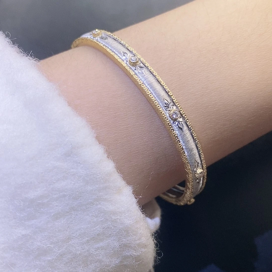 钻石手镯18K金镶嵌宫廷风黄白双色拉丝手镯