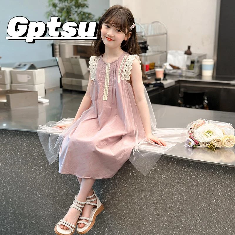 GPTSu女大童装连衣裙2025洋气女孩夏季背心公主裙网纱拼接裙子潮