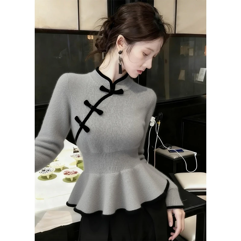 新中式灰色毛衣女秋冬可外穿内搭高端时髦洋气巨好看掐腰针织上衣