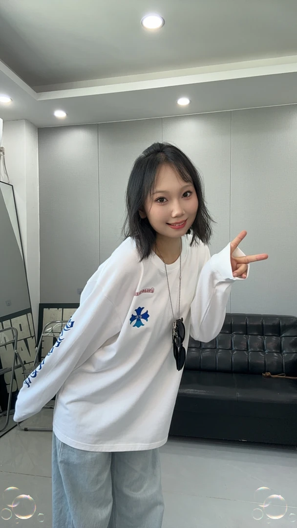 【LLZ315】慵懒风圆领百搭中长款长袖T恤打底白色宽松纯棉情侣上衣