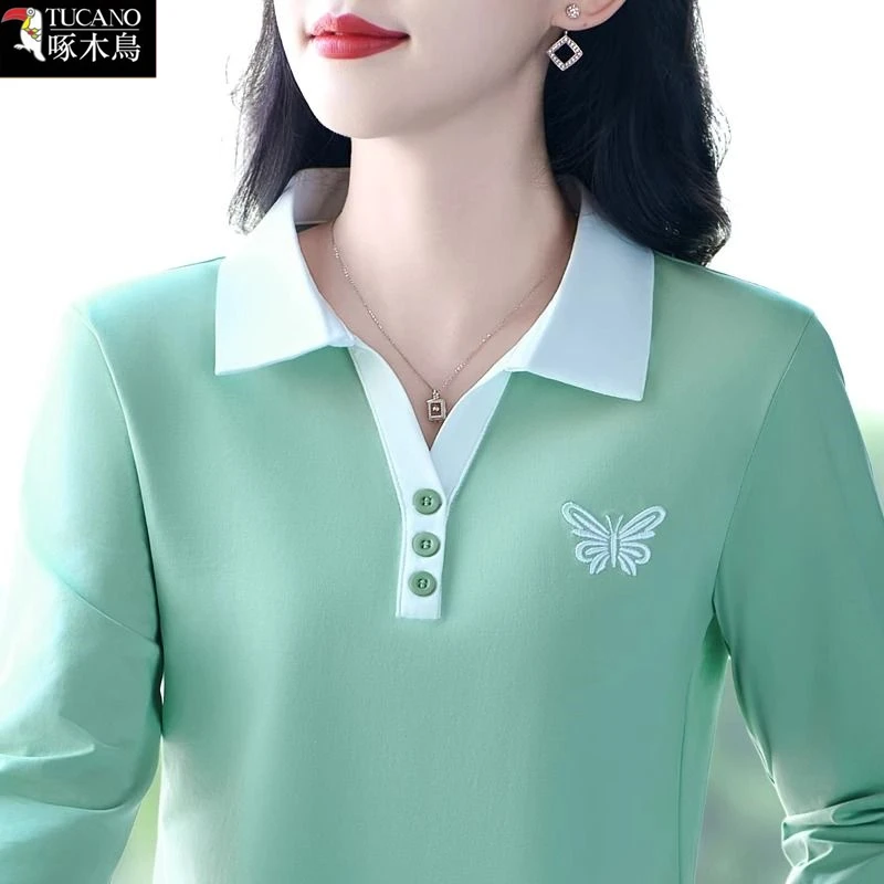 啄木鸟长袖刺绣翻领T恤女2025年新款拼色纽扣POLO衫秋季休闲大码