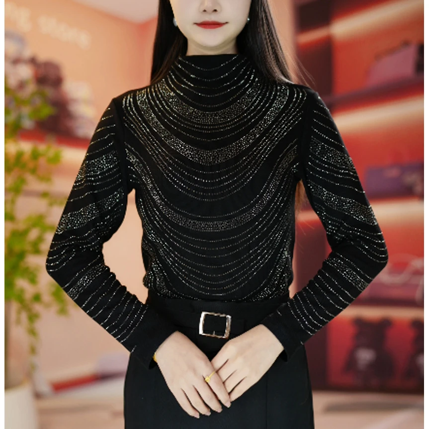 冬季新款烫钻德绒奥绒显瘦洋气时尚百搭长袖女士上衣简约修身小衫