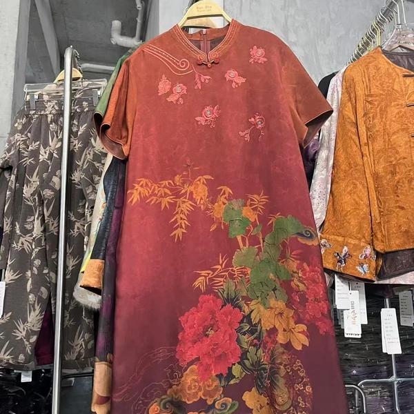 【云裳】新中式复古气质长款盘扣宽松女士连衣裙7322