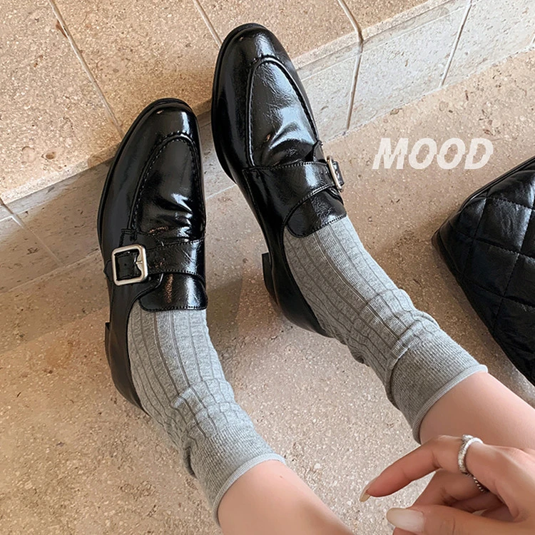2025新款圆头皮带扣粗跟乐福鞋百搭单鞋黑色英伦风皮鞋时尚通勤