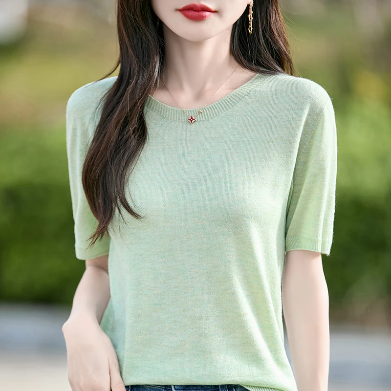 夏季薄款T恤女精纺羊毛纯色圆领半袖宽松显瘦针织短袖上衣外搭
