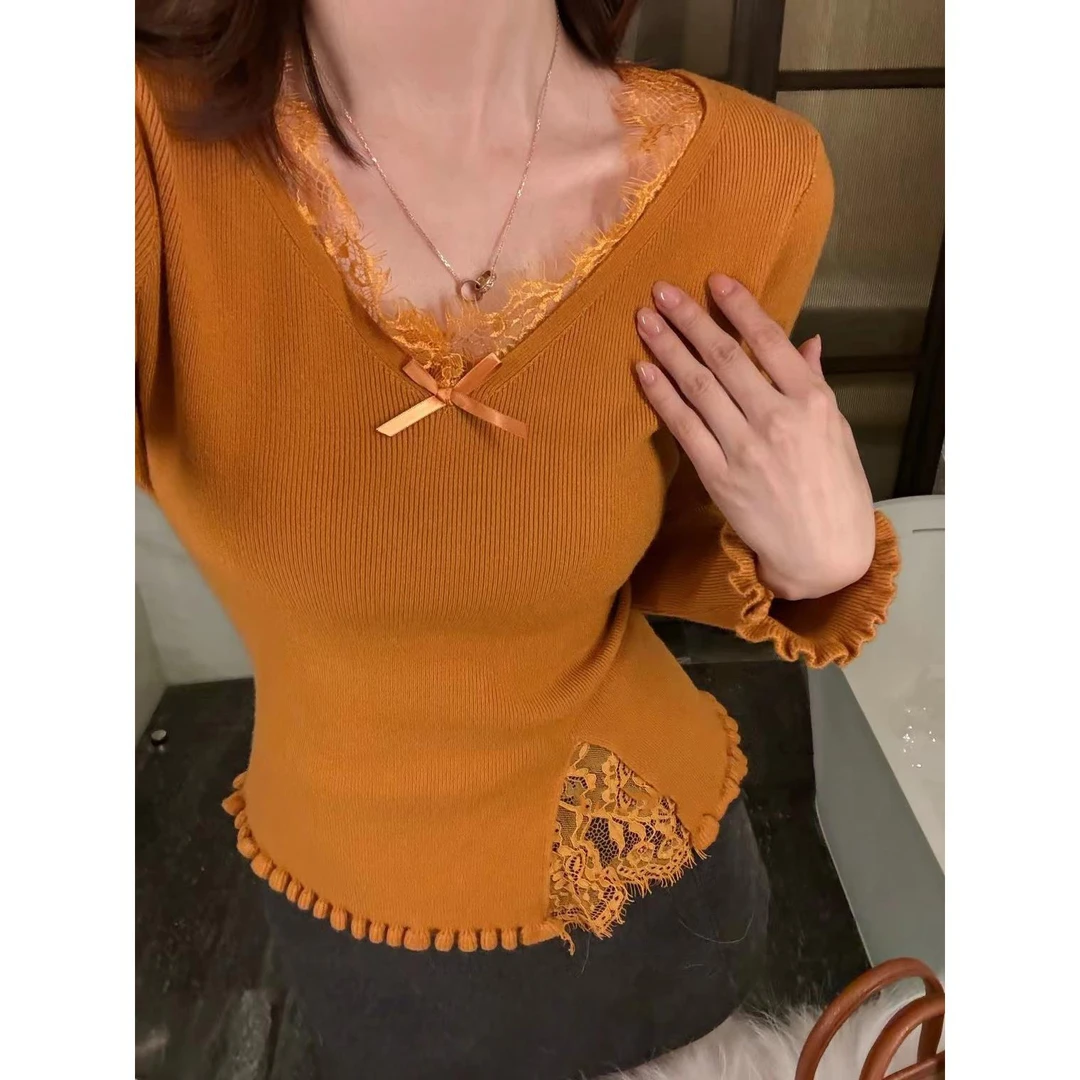 蕾丝拼接针织衫蝴蝶结长袖上衣女秋冬内搭外穿花边修身显瘦毛衣潮