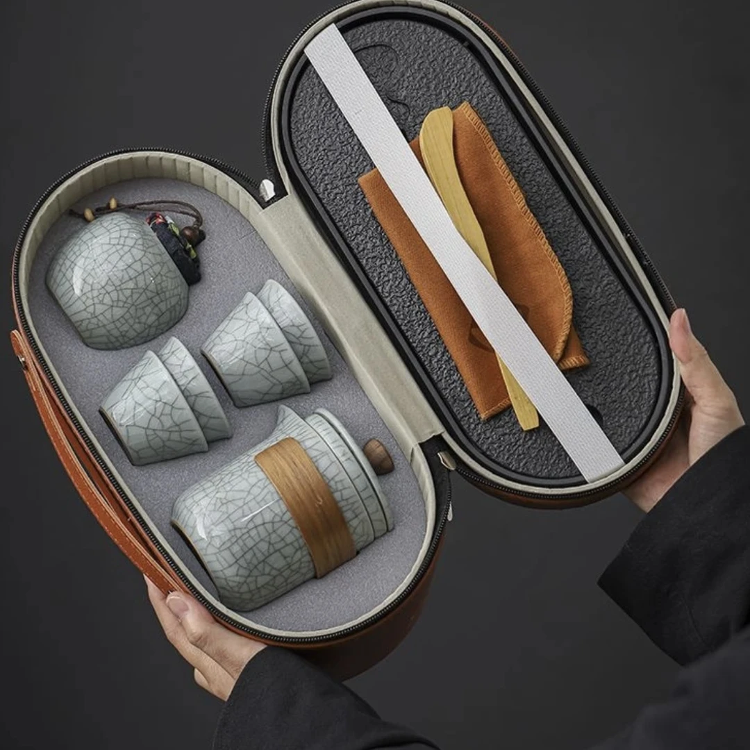 AA100哥窑旅行茶具套装快客杯一壶三四杯泡茶壶便携式户外功夫