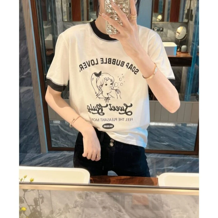 【张静芝】吹泡泡女孩撞色外缝线T恤