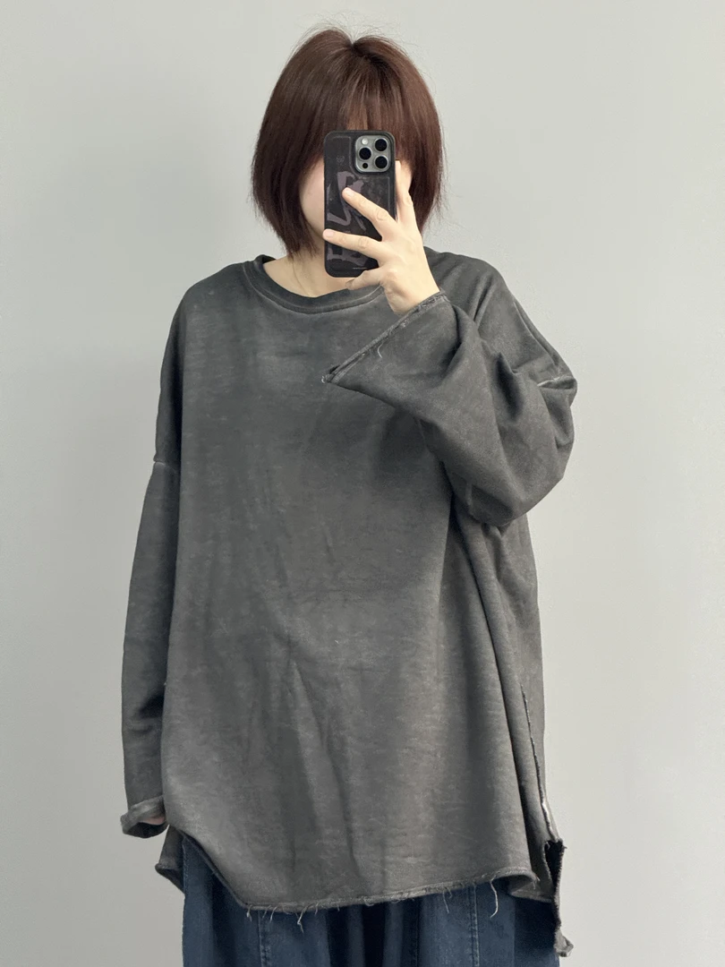 卫衣T恤炒色工艺做旧做脏个性圆领休闲百搭时尚宽松长袖