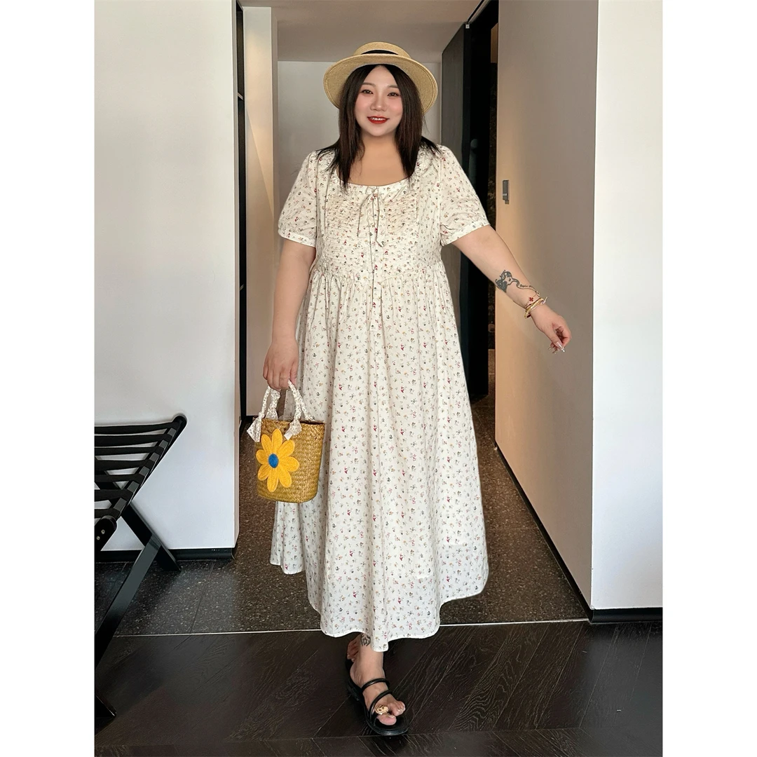 断码捡漏H蜜露星野 /泡泡袖U领碎花连衣裙14859花契大码200斤胖mm