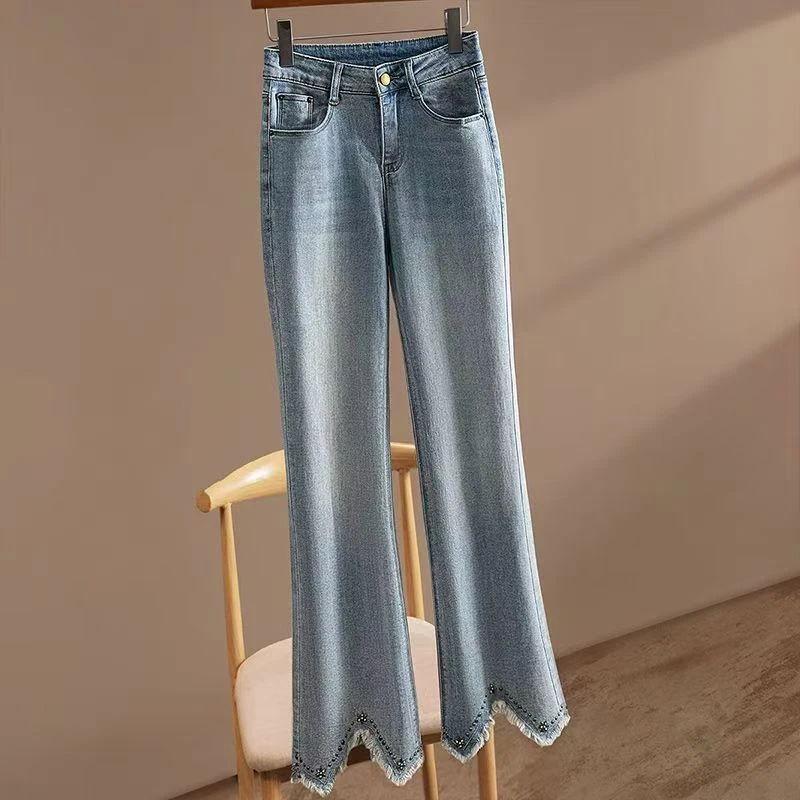 #2851 不规则波浪边女士时尚高腰水洗牛仔裤气质毛边微喇裤
