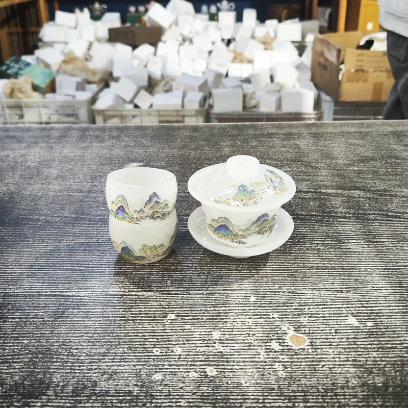 千里江山琉璃三才盖碗+2杯