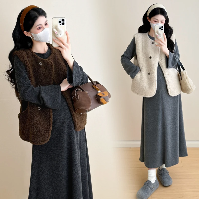 【优质款】时尚高级感孕妇套装秋冬季新款仿羊糕毛马甲外套+连衣裙