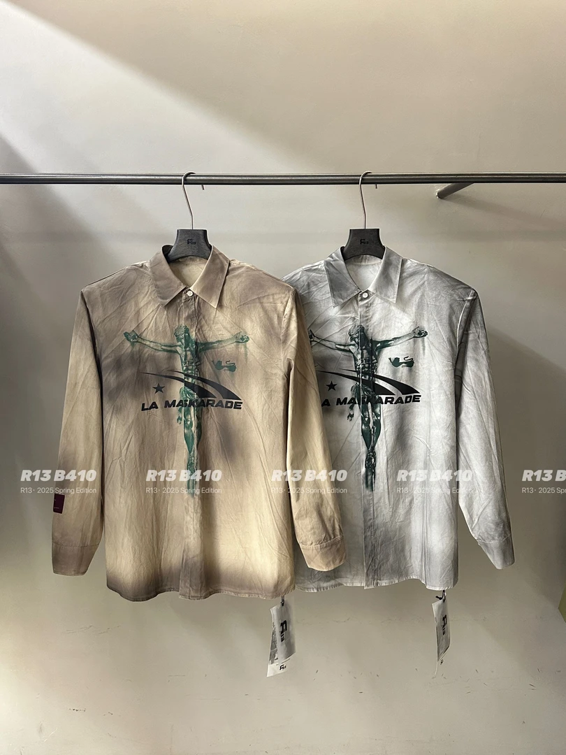 小众抽象图案印花喷绘宽松中长款复古水洗长袖衬衫男女同款5662