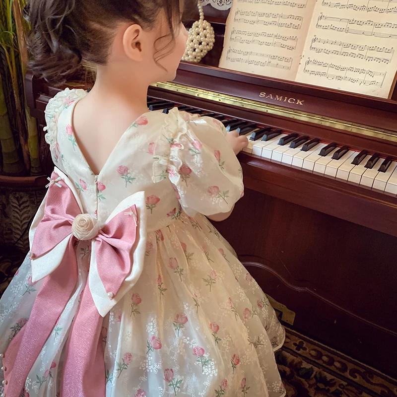 【现现】米米哈罗女童碎花公主裙儿童泡泡袖连衣裙洋气裙 ZX18968