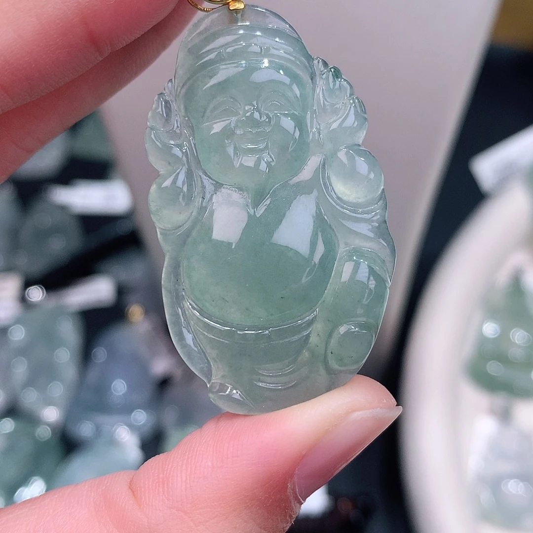 颈饰18K金镶嵌翡翠冰甜绿财爷